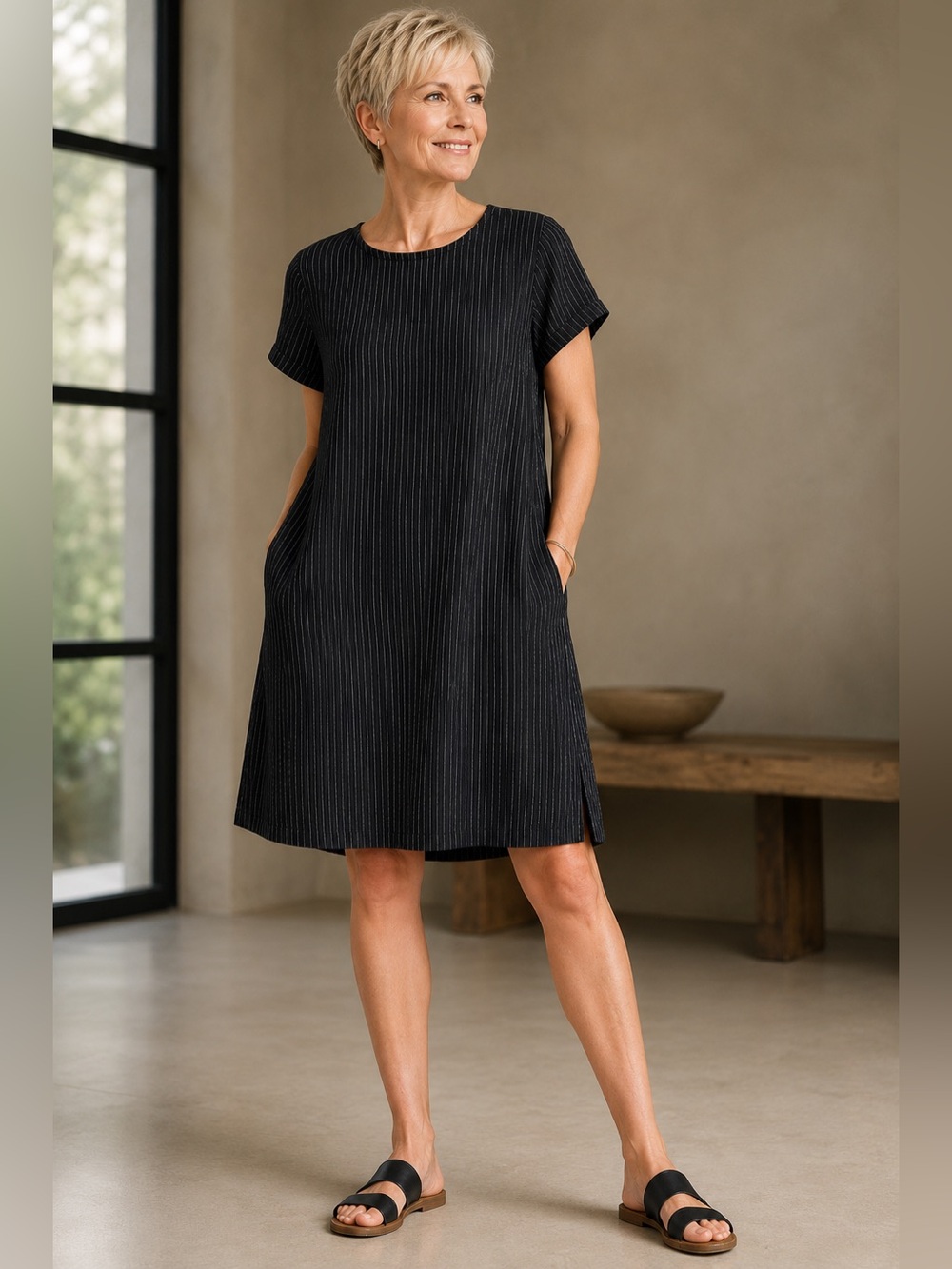 Eileen Fisher 100 % Organic Linen Black Pinstripe Shift Dress S/P Pockets